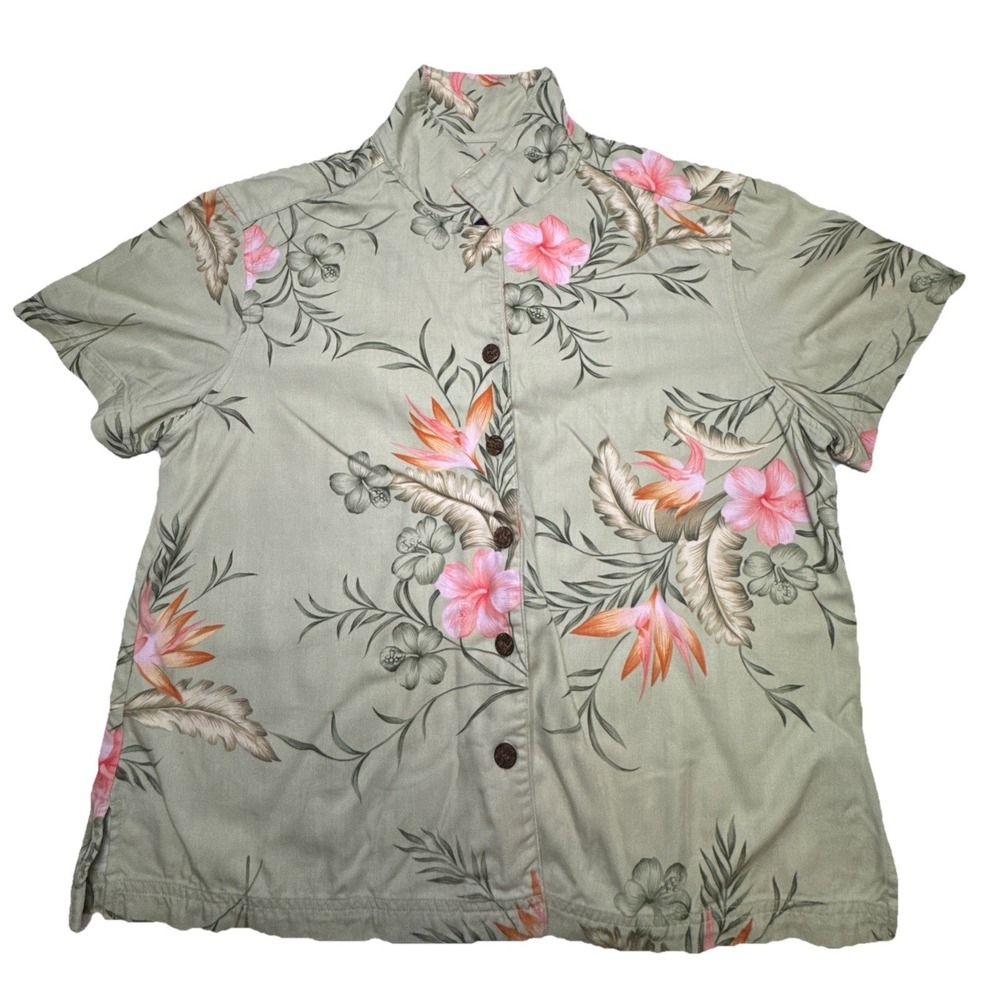 Island Traders Womens Large‎ Sage Green Floral Rayon Button Down Shirt Tropical